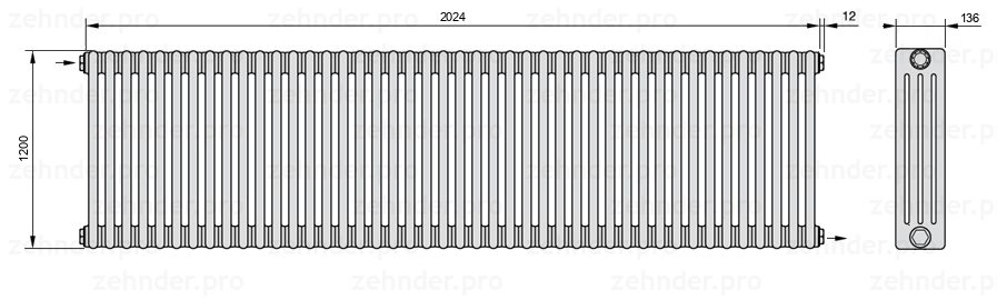 Схема (чертеж) Радиатор Zehnder Charleston 4120/44 №1670 Белый глянцевый RAL 9016
